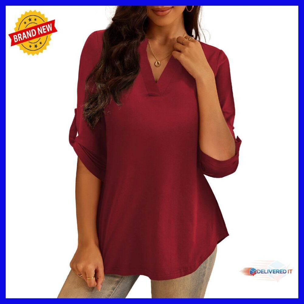 Plus Size 3/4 Sleeve V-Neck Tunic Top Lightweight Soft Material